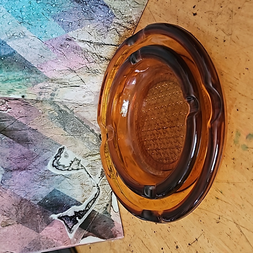 1960s Mid Century Modern Amber Glass Round Ashtray Set